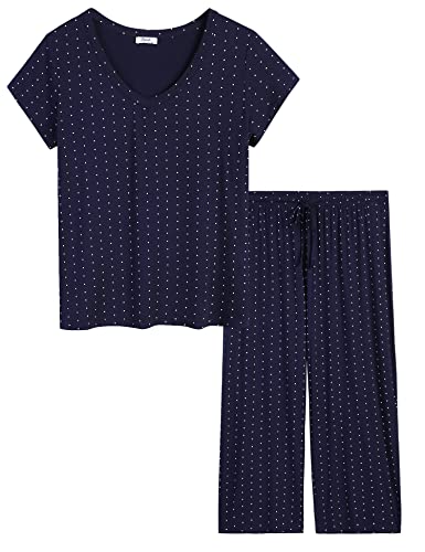 Joyaria Ladies Bamboo Pajamas Summer Cooling Ultra Soft Short Sleeve Capri PJs Set Sleepwear Petite (Navy Polka Dot, Small)