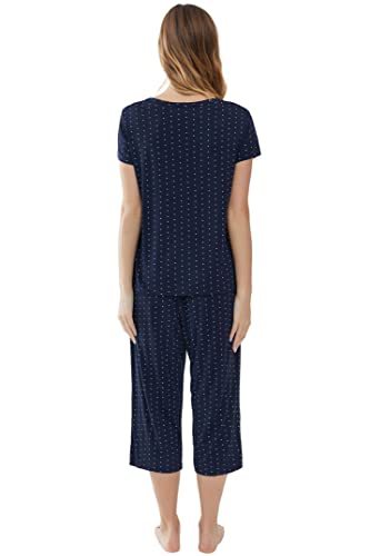 Joyaria Ladies Bamboo Pajamas Summer Cooling Ultra Soft Short Sleeve Capri PJs Set Sleepwear Petite (Navy Polka Dot, Small)