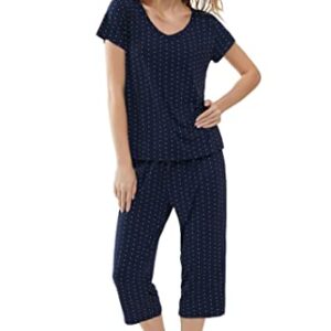 Joyaria Ladies Bamboo Pajamas Summer Cooling Ultra Soft Short Sleeve Capri PJs Set Sleepwear Petite (Navy Polka Dot, Small)