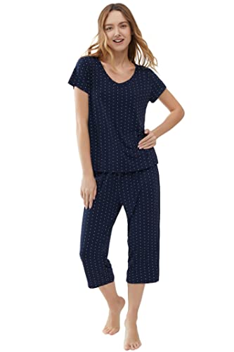 Joyaria Ladies Bamboo Pajamas Summer Cooling Ultra Soft Short Sleeve Capri PJs Set Sleepwear Petite (Navy Polka Dot, Small)