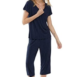 Joyaria Ladies Bamboo Pajamas Summer Cooling Ultra Soft Short Sleeve Capri PJs Set Sleepwear Petite (Navy Polka Dot, Small)