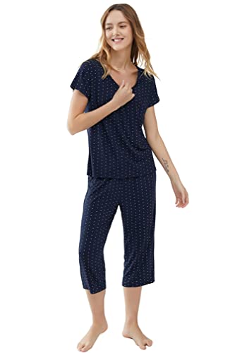 Joyaria Ladies Bamboo Pajamas Summer Cooling Ultra Soft Short Sleeve Capri PJs Set Sleepwear Petite (Navy Polka Dot, Small)