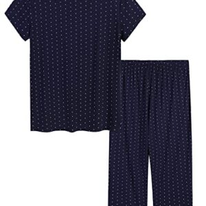 Joyaria Ladies Bamboo Pajamas Summer Cooling Ultra Soft Short Sleeve Capri PJs Set Sleepwear Petite (Navy Polka Dot, Small)