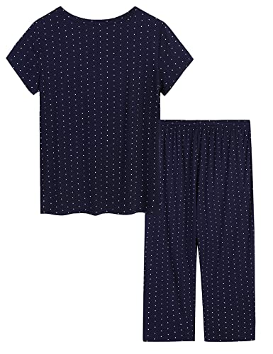 Joyaria Ladies Bamboo Pajamas Summer Cooling Ultra Soft Short Sleeve Capri PJs Set Sleepwear Petite (Navy Polka Dot, Small)