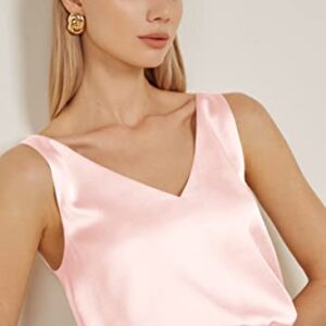 Women's Casual V Neck Sleeveless Tank Tops Silk Cami Basic Camisole Tank Blouses Summer Shirt Pastel Pink
