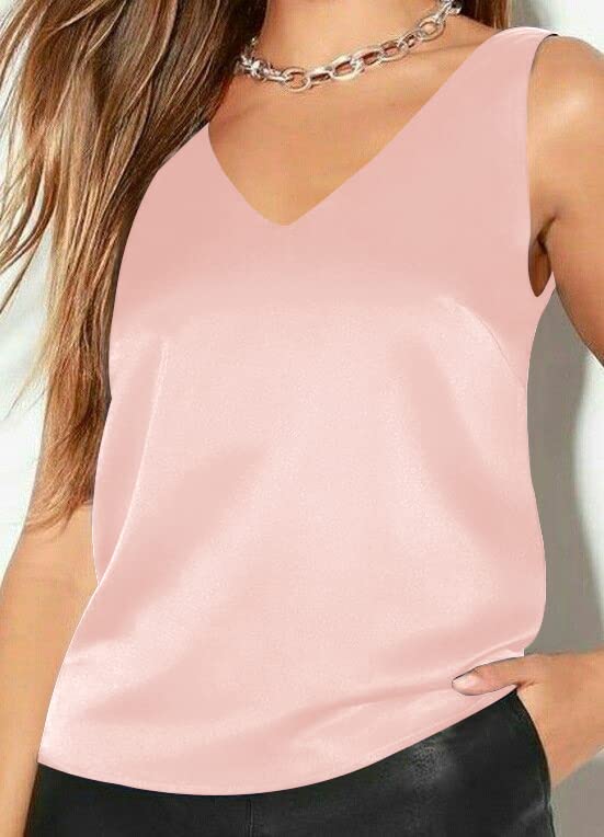 Women's Casual V Neck Sleeveless Tank Tops Silk Cami Basic Camisole Tank Blouses Summer Shirt Pastel Pink