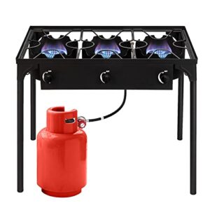outvita 3 burner propane gas stove for outdoor cooking, 225,000 btu camping cooker with removable legs, temperature control knobs for backyard cooking, bbq, baking and frying