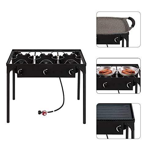 Outvita 3 Burner Propane Gas Stove for Outdoor Cooking, 225,000 BTU Camping Cooker with Removable Legs, Temperature Control Knobs for Backyard Cooking, BBQ, Baking and Frying