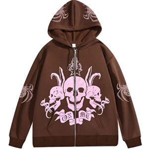 playpunk women rhinestone oversized zip up hoodie y2k skeleton spider skull print vintage hoodies 90s pullover grunge jacket brown