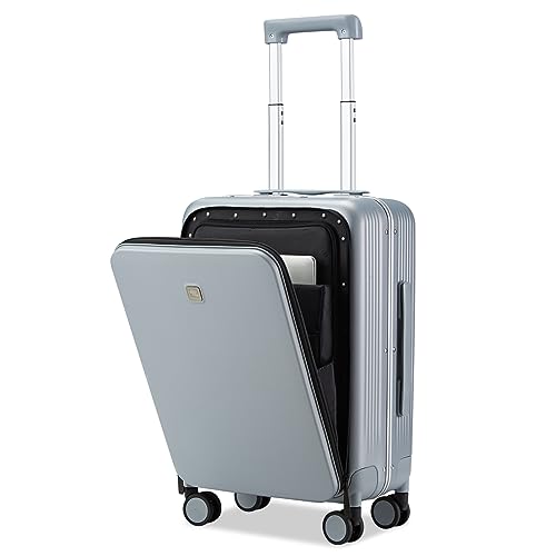 Hanke 20 Inch Carry On Luggage with Front Pocket Aluminum Frame （Can Not Open in The Middle） Hard Shell Suitcases with Wheels Rolling Luggage Suitcase with Lock Travel Luggage for Weekender- Grey