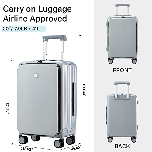 Hanke 20 Inch Carry On Luggage with Front Pocket Aluminum Frame （Can Not Open in The Middle） Hard Shell Suitcases with Wheels Rolling Luggage Suitcase with Lock Travel Luggage for Weekender- Grey