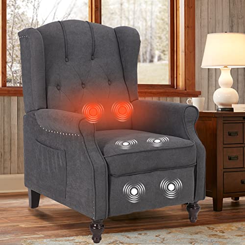 IPKIG Recliner Chair, Wingback Design Living Room Accent Chair with 6 Points Vibration Massage and Heat, Upholstered Button Tufted, Mid Century Modern Reading Chair for Bedroom, Study Room (Dark Grey)