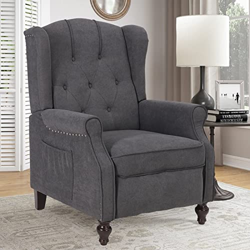 IPKIG Recliner Chair, Wingback Design Living Room Accent Chair with 6 Points Vibration Massage and Heat, Upholstered Button Tufted, Mid Century Modern Reading Chair for Bedroom, Study Room (Dark Grey)