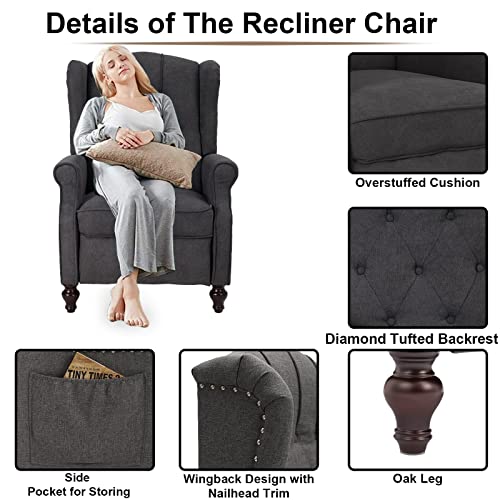 IPKIG Recliner Chair, Wingback Design Living Room Accent Chair with 6 Points Vibration Massage and Heat, Upholstered Button Tufted, Mid Century Modern Reading Chair for Bedroom, Study Room (Dark Grey)