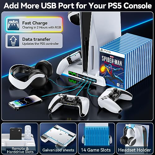 PS5 Stand with 3-Level Cooling Fan, PS5 Controller Charger with LED Light for Playstation 5 Controllers, PS5 Cooling Station PS5 Accessories incl. Headset Holder, HDD Slot