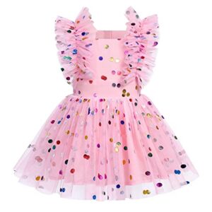 baby girls 1st birthday outfit colorful polka dots print tulle romper ruffle shoulder straps sleeveless square neck princess party tutu dress cake smash clothes for photo shoot pink 12-18 months
