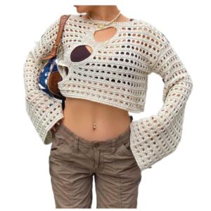 women hollow out crochet knit crop tops color block long sleeve square neck fall sweaters tops