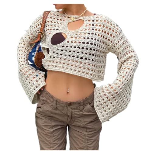 Women Hollow Out Crochet Knit Crop Tops Color Block Long Sleeve Square Neck Fall Sweaters Tops