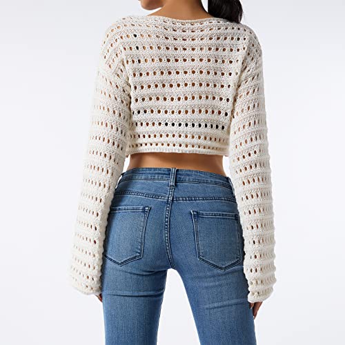 Women Hollow Out Crochet Knit Crop Tops Color Block Long Sleeve Square Neck Fall Sweaters Tops