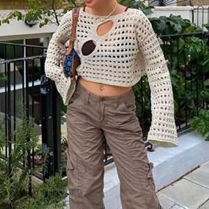 Women Hollow Out Crochet Knit Crop Tops Color Block Long Sleeve Square Neck Fall Sweaters Tops