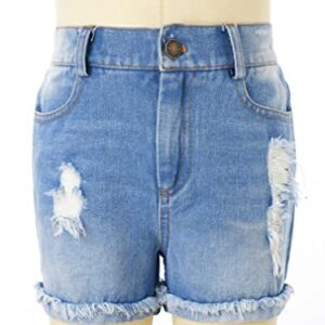 easyforever Girls Denim Shorts Stretch High Waisted Jeans Ripped Raw Hem Denim Shorts Cut Off Hot Pants with Pockets Light Blue 6 Years