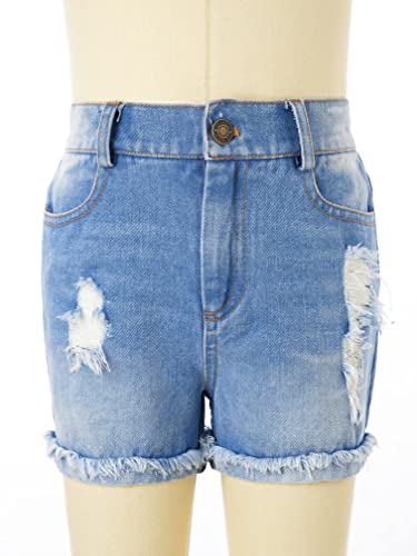 easyforever Girls Denim Shorts Stretch High Waisted Jeans Ripped Raw Hem Denim Shorts Cut Off Hot Pants with Pockets Light Blue 6 Years