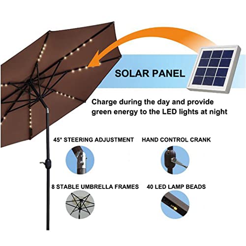 ZJDU 9 Ft Solar LED Patio Umbrella, Garden Sun Shade Umbrella, 40 LED Lights, with Tilt and Crank Mechanism, for Outdoor Garden Balcony Patio Backyard Market, Without Base,Brown