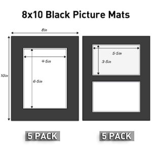 Golden State Art, Pack of 10 Black Picture Mats, 5 Pcs 8x10 Mats for 5x7 Photos and 5 Pcs 8x10 Mat for 2 4x6 Photos - Bevel Cut, White Core - Great for Pictures, Photos, Frames, Artworks, Prints