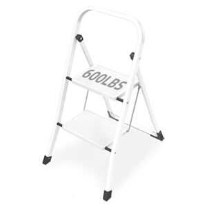 folding step stool with wide anti-slip pedal, sturdy steel ladder, convenient handgrip, lightweight portable (white, 2 step ladder)