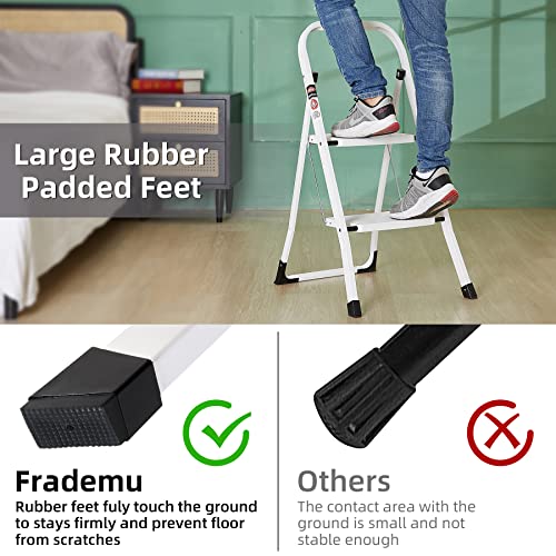 Folding Step Stool with Wide Anti-Slip Pedal, Sturdy Steel Ladder, Convenient Handgrip, Lightweight Portable (White, 2 Step Ladder)