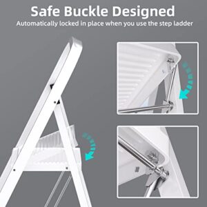 Folding Step Stool with Wide Anti-Slip Pedal, Sturdy Steel Ladder, Convenient Handgrip, Lightweight Portable (White, 2 Step Ladder)