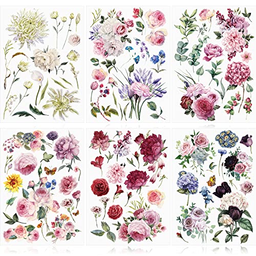 6 Sheets Spring Flowers Rub on Transfers Vintage Rose for Furniture Bird Flower Rub on Decals Wood Crafts DIY Arts Large Transfer 16 x 12 Inches(Flower Style)