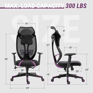 Aodrova Office Chair Gaming Chair with Extra Large Bionic Headrest, Breathable Mesh Office Chair with Ergonomic Lumbar Support and Adjustable 3D Armrests (Purple)