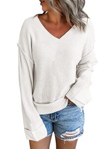 womens v neck lightweight sweaters pullover warm long sleeve loose casual tunic knit tops white