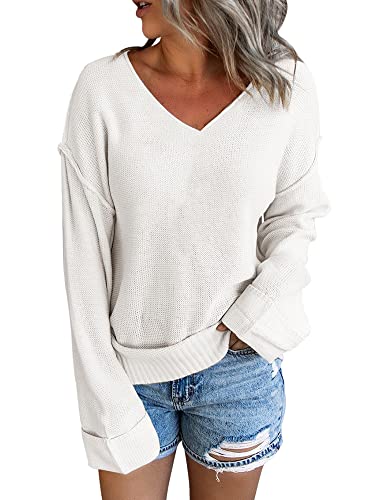 Womens V Neck Lightweight Sweaters Pullover Warm Long Sleeve Loose Casual Tunic Knit Tops White