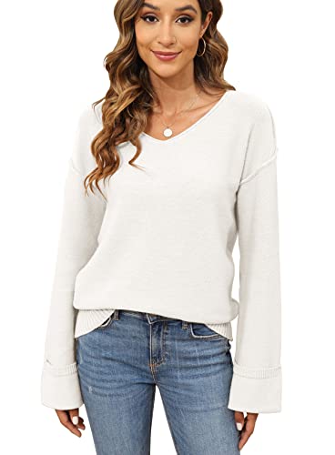 Womens V Neck Lightweight Sweaters Pullover Warm Long Sleeve Loose Casual Tunic Knit Tops White