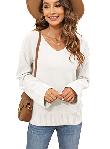 Womens V Neck Lightweight Sweaters Pullover Warm Long Sleeve Loose Casual Tunic Knit Tops White