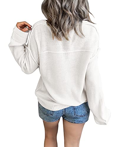 Womens V Neck Lightweight Sweaters Pullover Warm Long Sleeve Loose Casual Tunic Knit Tops White