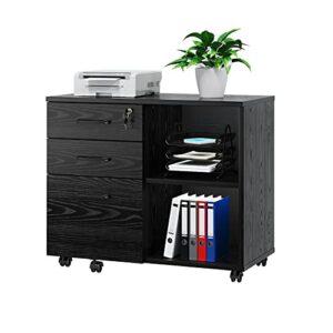 wood file cabinet, 3 drawer mobile lateral filing cabinet on wheels, printer stand with open storage shelves for home office (black 2)