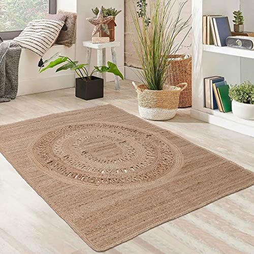 Natural Braided Round Pattern in Center Jute Area Rug and Runner for Living Room/ Office (4x6 Feet/ 120x180 cm)