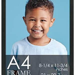 A4 Frame Black Modern Minimalist - Wooden 8.25x11.75 Frame - Modern Wood A4 Picture Frame For A4 Size Artwork or Documents - Photo Frame Includes UV Acrylic, Foam Board Backing, Hardware