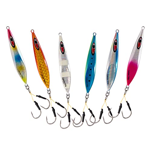 Calissa Offshore Tackle Flat Side Slow Pitch Jig - 80g 150g 250g 300LBS Assist Hooks 3/0 Butterfly - Vertical Jig Speed Lure Slow Pitch Flat (80g - 6 Pack)