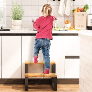 IBUYKE 2-Step Wooden Step Stools for Kids Adults,with Metal Frame, Holds Up to 500lb, Bedside Steping Foot Stool for Bedroom, Livingroom, Kitchen, Rustic Brown TBD002H