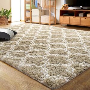 lochas luxury shag area rug 5x7 feet geometric plush fluffy rugs, extra soft and comfy carpet, moroccan rugs for bedroom living room dorm kids nursery, beige/white