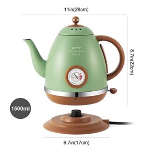 Electric Kettle with Thermometer Stainless Steel 1.5L 1000W Gooseneck Pour Over Coffee Tea Kettle, Hot Water Boiler Heater with Water Temperature Display Quick Heating Boiling Water 110V US Plug Green