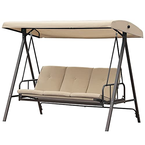 Aoodor 2 in 1 Patio Porch Swing Bed Olefin Fabric Fade Resistant Outdoor Converting Adjustable Canopy, Weather Resistant Glider with Removable 3 Seater - Brown