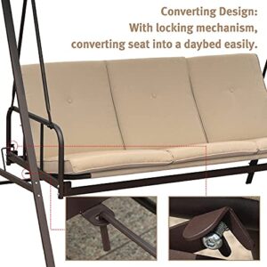 Aoodor 2 in 1 Patio Porch Swing Bed Olefin Fabric Fade Resistant Outdoor Converting Adjustable Canopy, Weather Resistant Glider with Removable 3 Seater - Brown