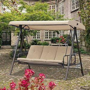 Aoodor 2 in 1 Patio Porch Swing Bed Olefin Fabric Fade Resistant Outdoor Converting Adjustable Canopy, Weather Resistant Glider with Removable 3 Seater - Brown