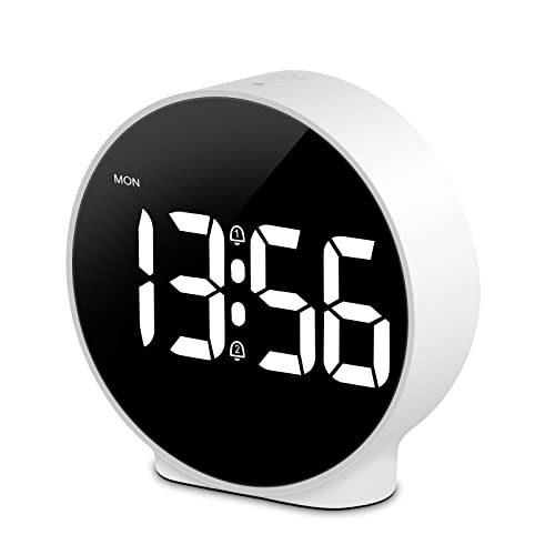 Deeyaple Small Digital Alarm Clock LED Desk Travel Electronic Clock Dual Alarm Snooze Dimmable Day Set 12/24H Week Display 4inch White (No Battery＆Adapter)