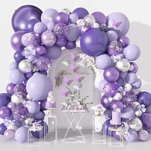 amandir 145pcs purple balloons garland arch kit for butterfly baby shower decorations for girl, 12pcs butterfly stickers lavender purple confetti metallic balloon for birthday wedding party decoration